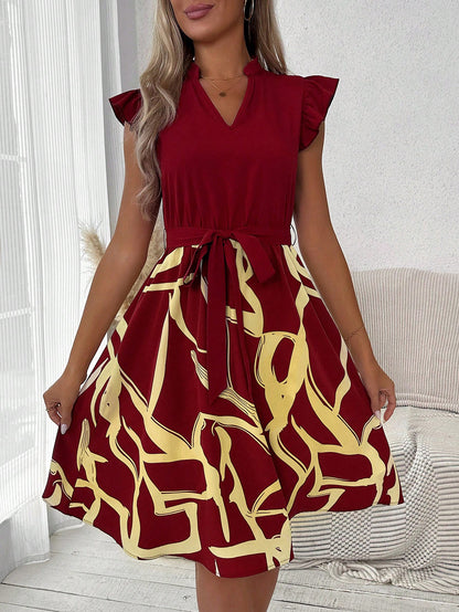 LLstyle- Print Notched Neckline Butterfly Sleeve Belted Dress