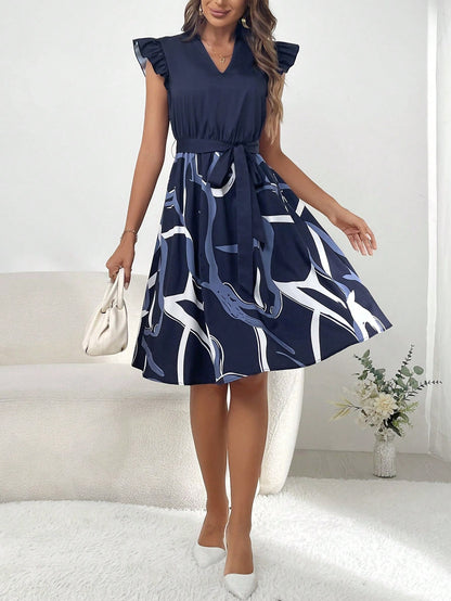LLstyle- Print Notched Neckline Butterfly Sleeve Belted Dress