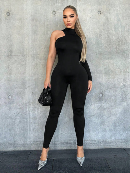 Lstyle Solid Color Asymmetric Collared Jumpsuit