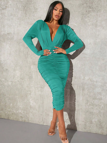 LLstyle Plunging Neck Ruched Bodycon Dress