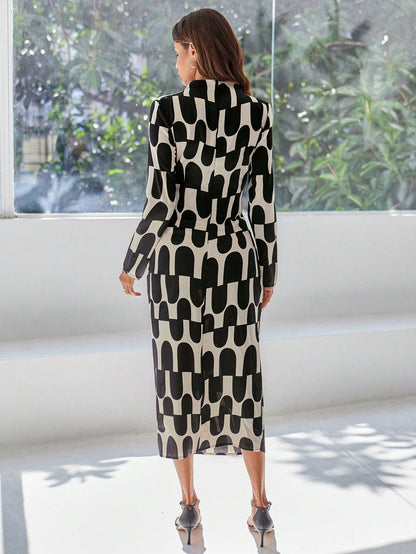 LLstyle Random Geometric Pattern Long Sleeve Dress