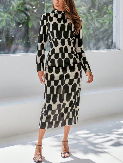 LLstyle Random Geometric Pattern Long Sleeve Dress