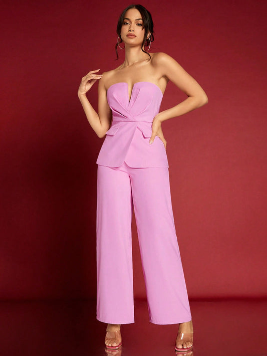 LLstyle Clothes Deep V-Neck Pink Women'S Two-Piece Suit