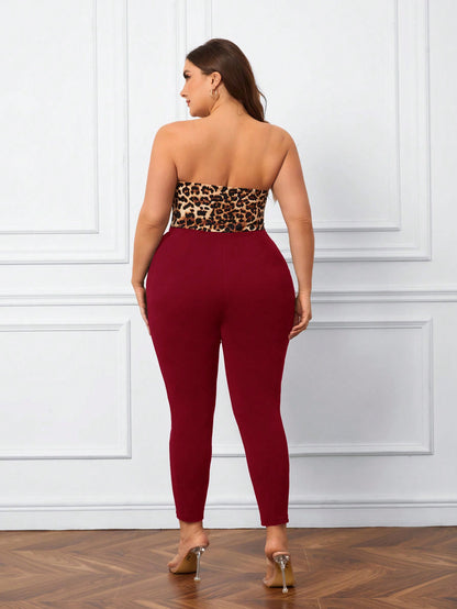 LLstyle Women's Leopard Print Splice Strapless Jumpsuit