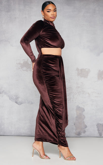LLstyle- Plus Chocolate Velvet Cut Out Drape Front Maxi Dress