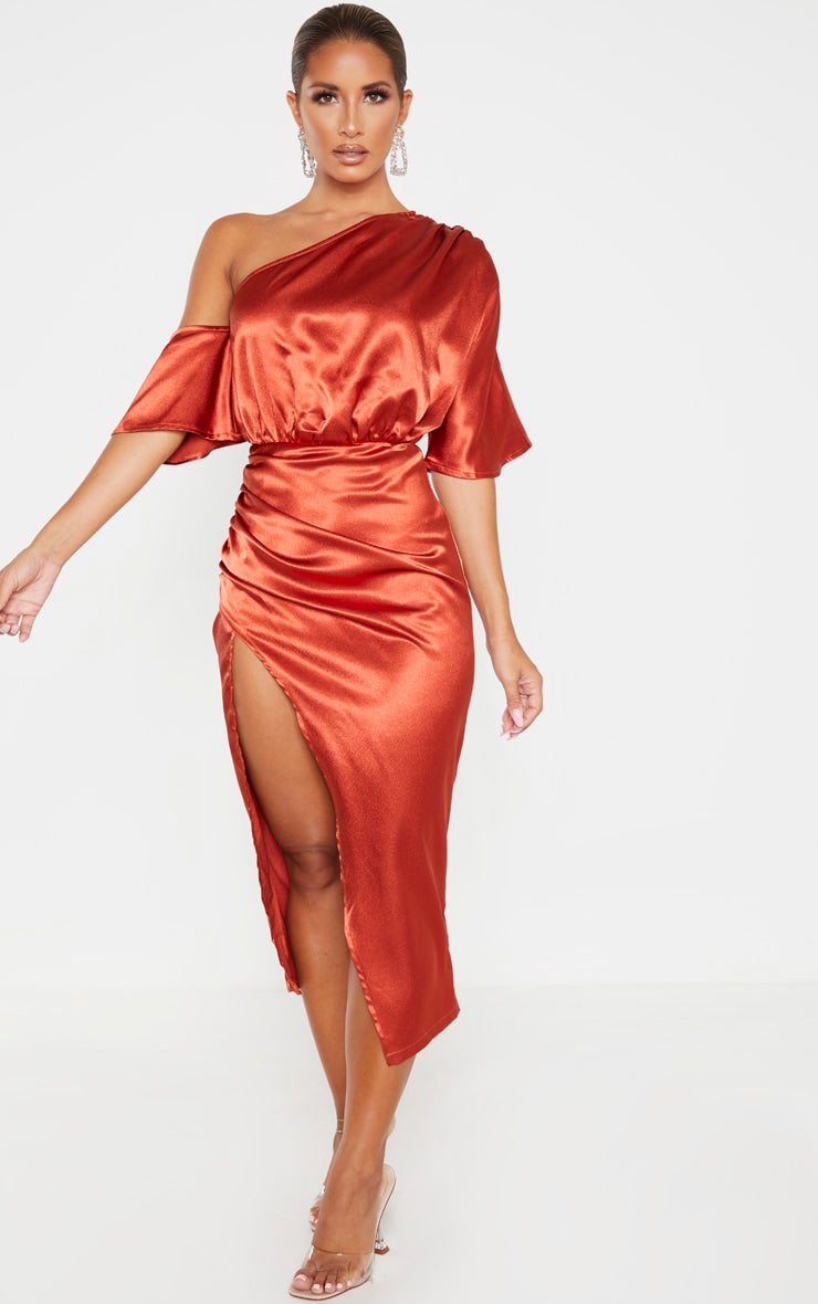 LLstyle Rust Satin One Shoulder Ruched Skirt Midi Dress
