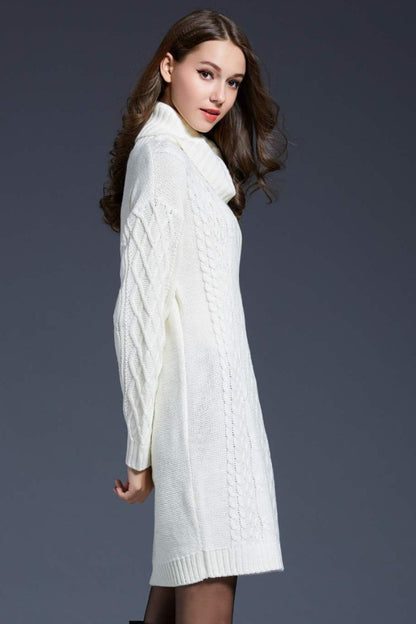 Full Size Mixed Knit Cowl Neck Shoulder Sweater Dress