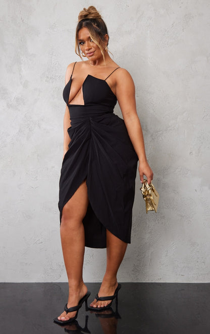 LLstyle- Shape Black Woven Cut Out Detail Ruched Midi Dress