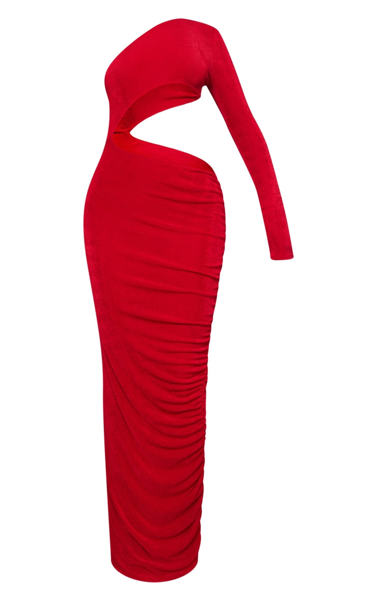LLstyle- Red Acetate Slinky Cut Out One Shoulder Maxi Dress