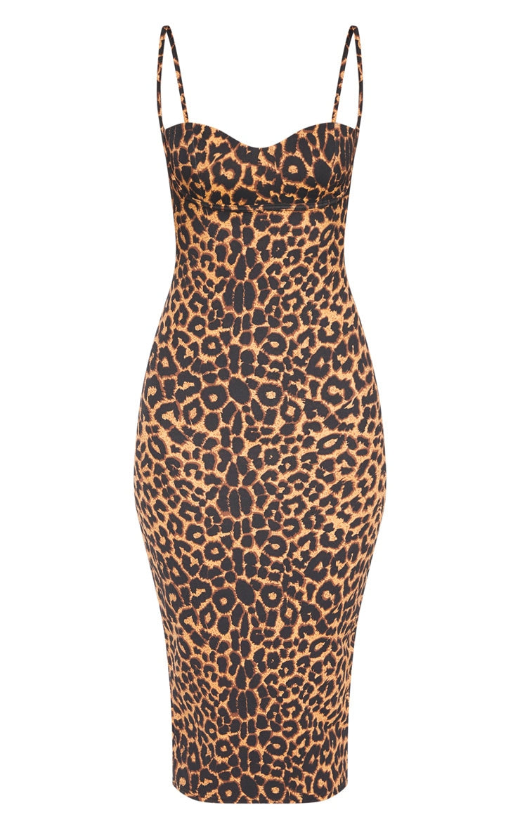 Leopard Print Strappy Cup Detail Midi Dress
