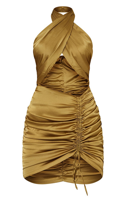 LLstyle Olive  Satin Halterneck Cut Out Ruched Bodycon Dress