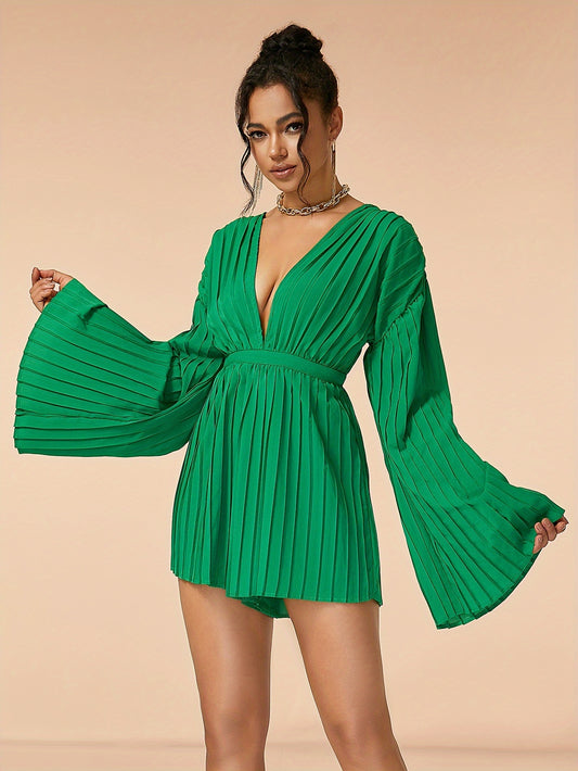 LLstyle Pleated V Neck Romper Jumpsuit