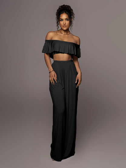 LLstyle Off Shoulder Ruffle Crop Top & Pants Outfits
