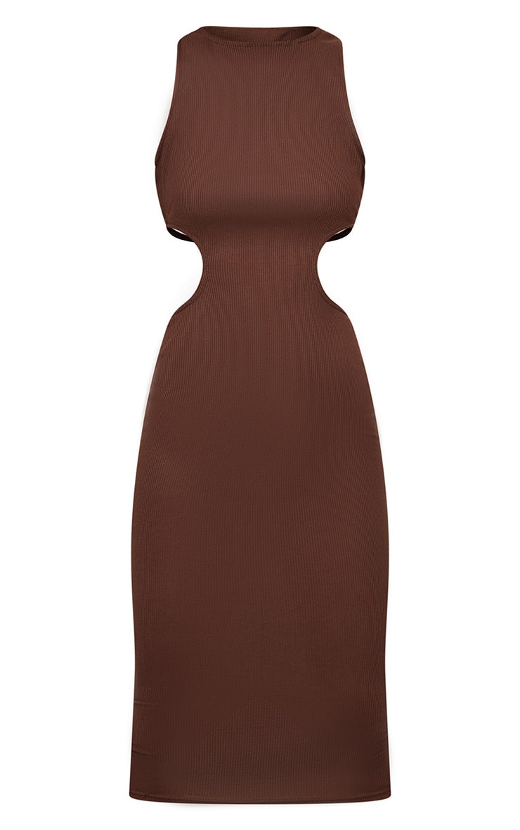 LLstyle- Chocolate Brown Rib Cut Out Side Midi Dress