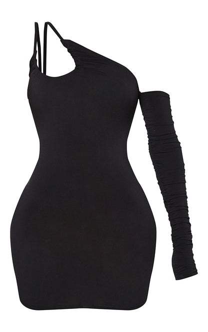 LLstye Black Slinky Ruched Detail One Sleeve Bodycon Dress