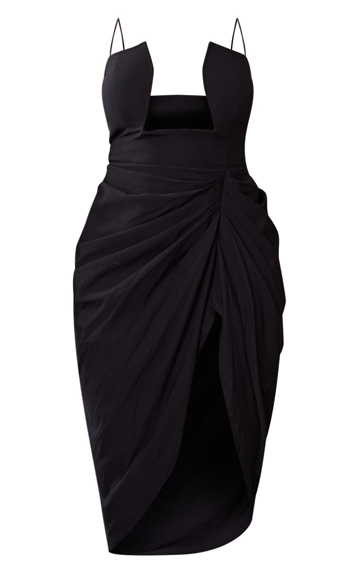 LLstyle- Shape Black Woven Cut Out Detail Ruched Midi Dress