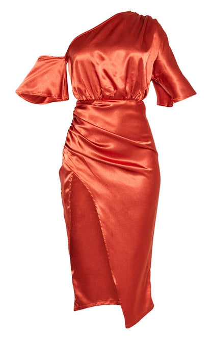 LLstyle Rust Satin One Shoulder Ruched Skirt Midi Dress