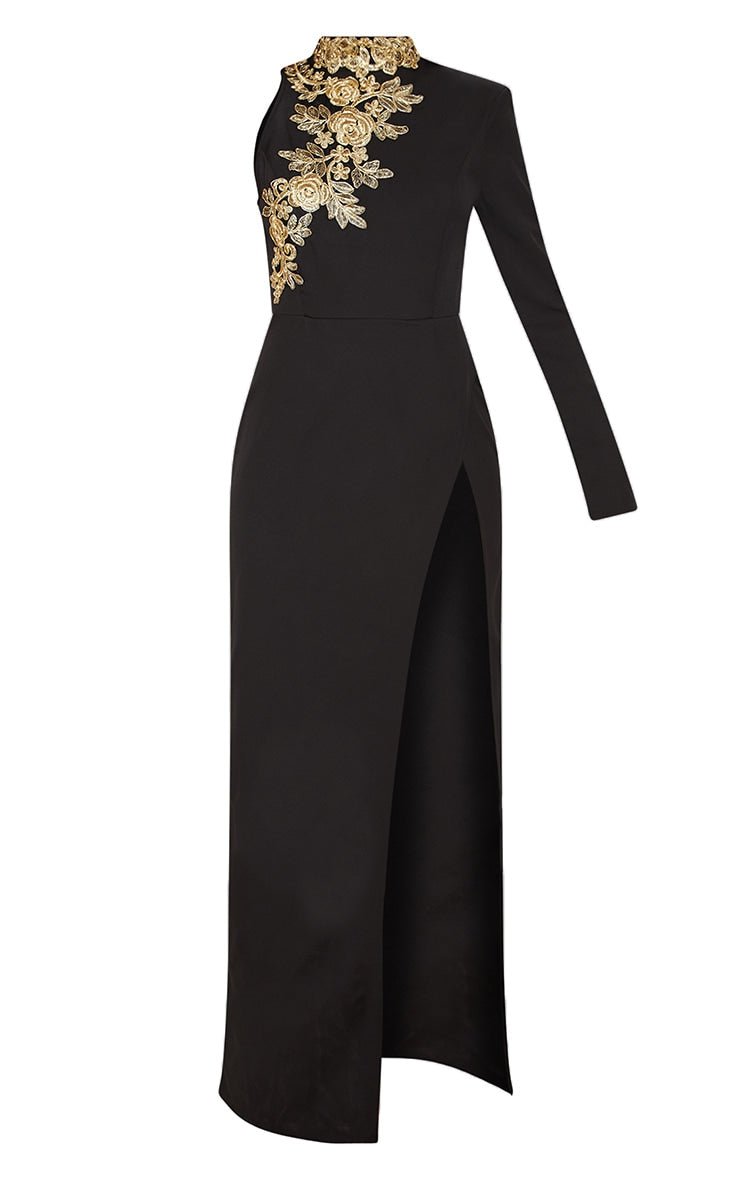 LLstyle Black High Neck Asymmetric Embroidered Trim Maxi Dress