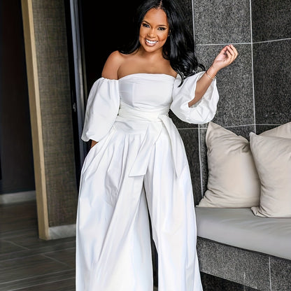 LLstyle Casual Puff Sleeve Wide Leg Jumpsuit