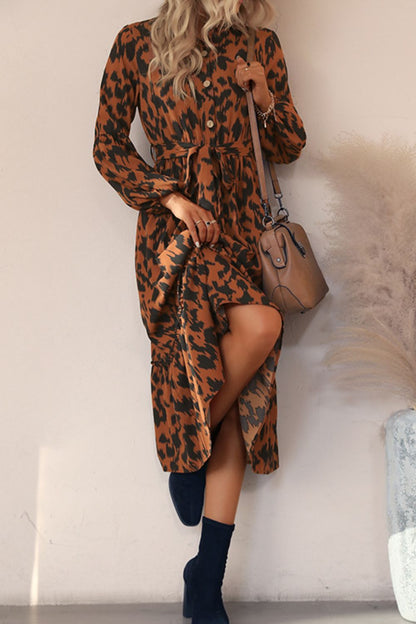 Printed Bubble Sleeve Buttoned Shirt Dress