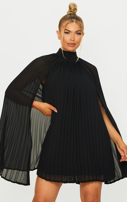 LLstyle- Black Pleated Cape High Neck Shift Dress