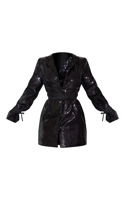 LLstyloe- Black Sequin Tie Cuff Detail Blazer Dress