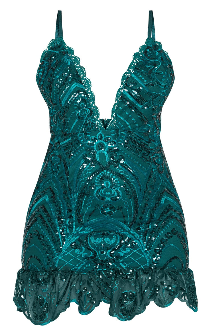 LLstyle- Green Sequin Lace Frill Hem Dress