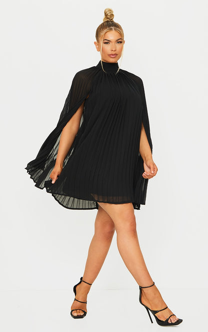 LLstyle- Black Pleated Cape High Neck Shift Dress