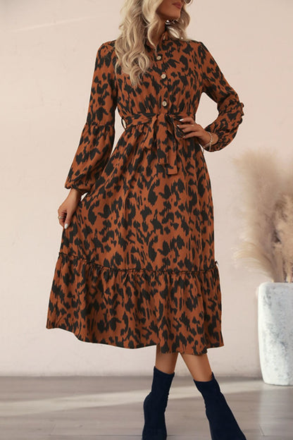 Printed Bubble Sleeve Buttoned Shirt Dress